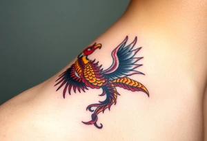 A phoenix and a dragon intertwined, one side fiery red and gold (good) and the other dark with shades of black and silver (evil), symbolizing transformation and balance tattoo idea