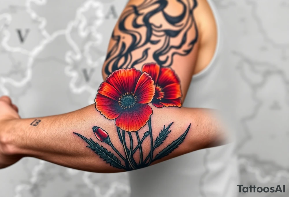 War zone with 2 poppy’s growing out of the smoke with 11B in the background and put this on top of a map tattoo idea