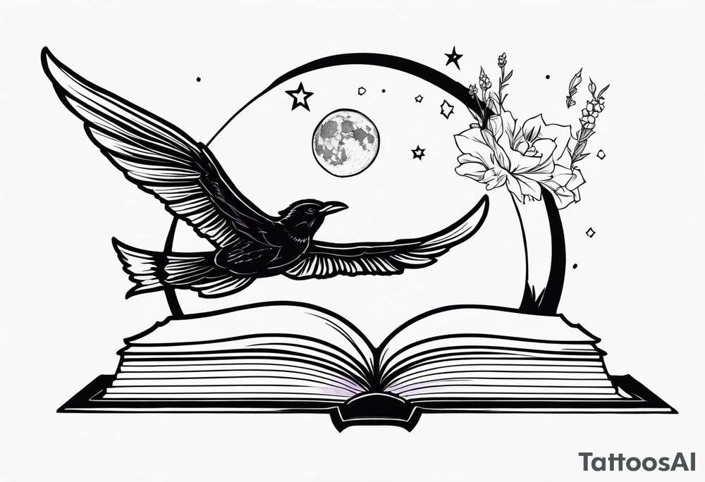 an open fantasy book. a high flying dragon. A pawn piece. a cluster of lavender with a bee under book. A raven. Stars and moon tattoo idea