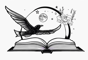 an open fantasy book. a high flying dragon. A pawn piece. a cluster of lavender with a bee under book. A raven. Stars and moon tattoo idea