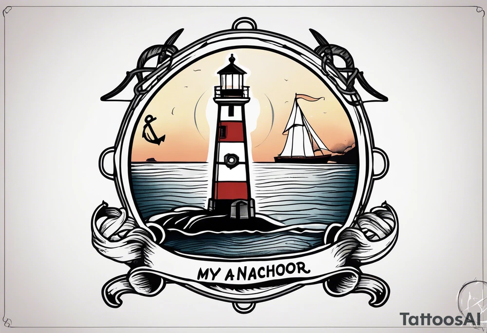 Lighthouse and anchor that says "MY BEACON, MY ANCHOR" tattoo idea