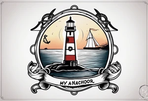 Lighthouse and anchor that says "MY BEACON, MY ANCHOR" tattoo idea