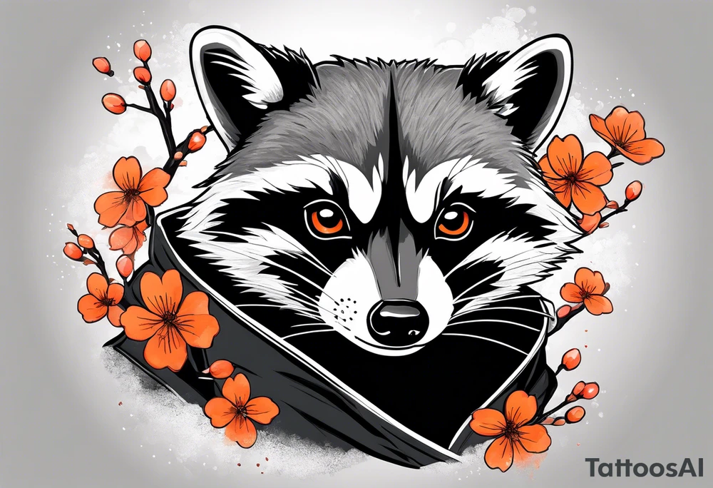 Raccoon wearing a white Superman logo on a black hoodie and orange Japanese cherry blossoms tattoo idea