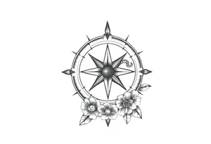 number 6 with a nautical compass in the middle of the circle and a fleur des lis at the center of the compass, with flowers surrounding it tattoo idea