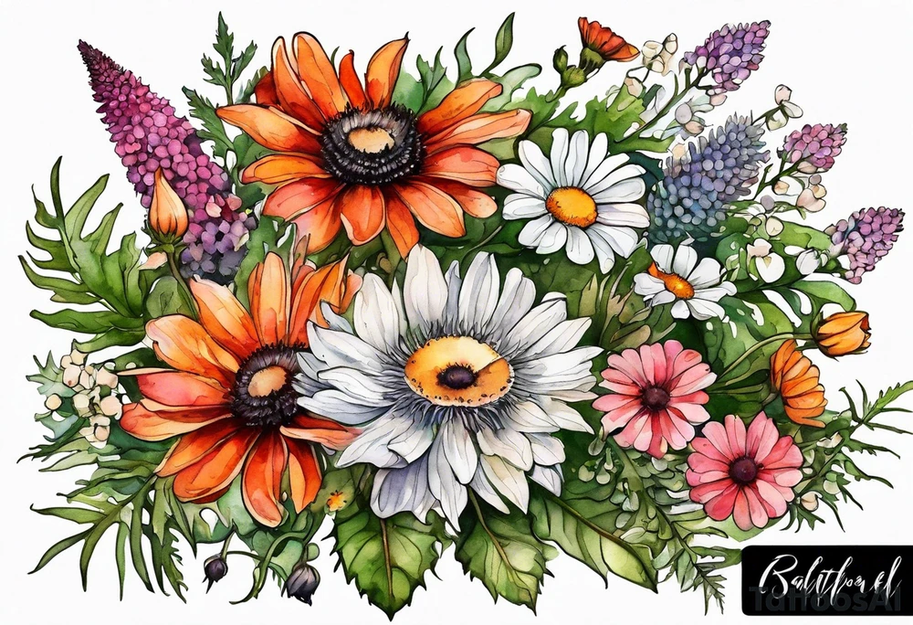 wildflowers with thistles, ferns, white anemones, sun flowers, orange flowers, green flowers, pink flowers, red flowers, babys breath and daisies all in watercolor tattoo idea