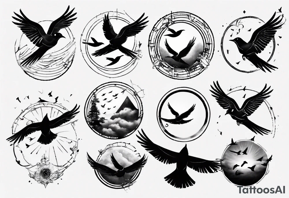 shoulder tattoo with light rays with birds flying free among the clouds, round shape, with gradient ends tattoo idea