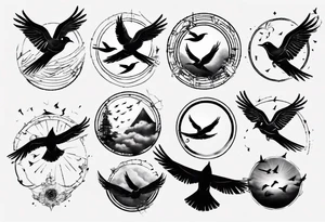 shoulder tattoo with light rays with birds flying free among the clouds, round shape, with gradient ends tattoo idea