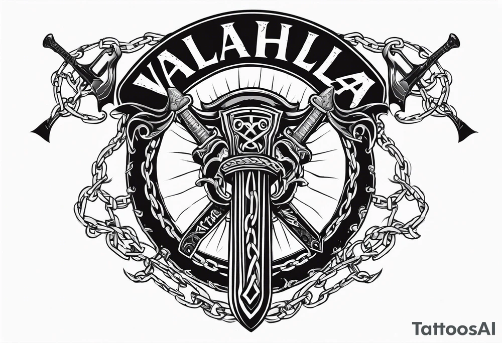 Valhalla sword round shield axe barbed wire chains tattoo idea