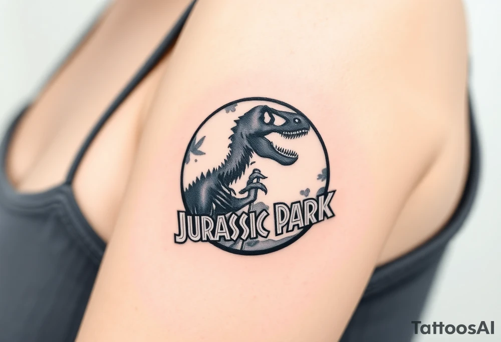 Jurassic Park logo with the dinosaur holding a big stick but with "Life, uh, finds a way" instead of the words "Jurassic Park" tattoo idea