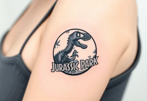 Jurassic Park logo with the dinosaur holding a big stick but with "Life, uh, finds a way" instead of the words "Jurassic Park" tattoo idea