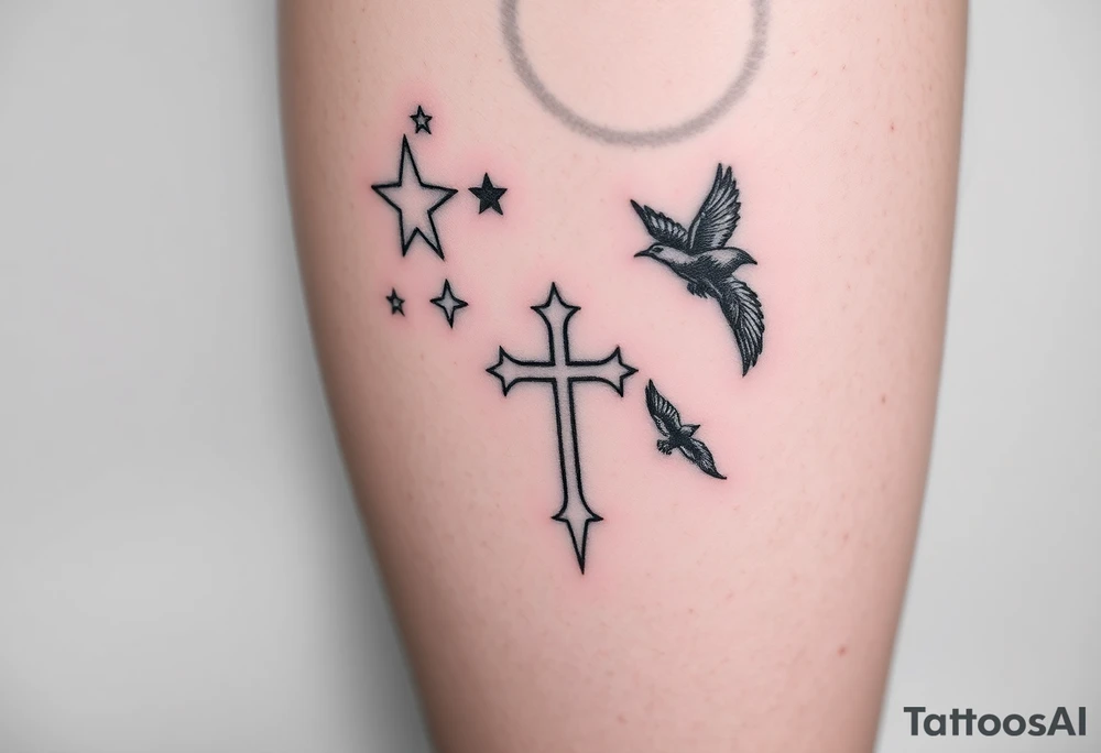 leg tattoo stars with birds and cross tattoo idea