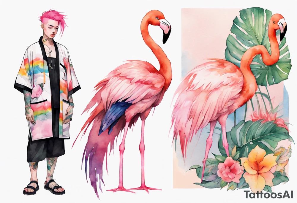 a nonbinary person with pink hair and a rainbow robe standing next to a flamingo tattoo idea