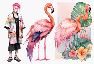 a nonbinary person with pink hair and a rainbow robe standing next to a flamingo tattoo idea