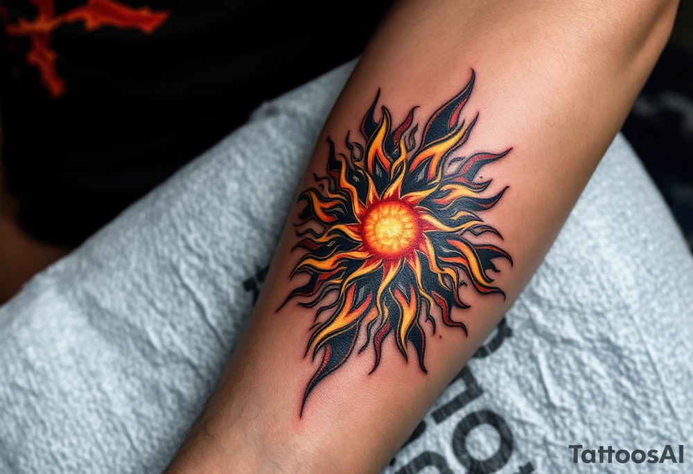 The fiery blend of red, yellow, and black in this Celtic sun tattoo creates a tribal blaze on the thigh. tattoo idea