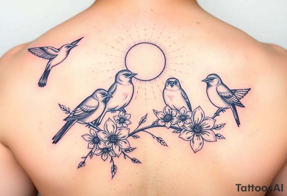 Four birds, flowers, branch, sun tattoo idea