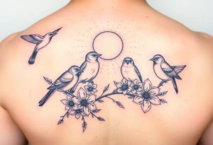 Four birds, flowers, branch, sun tattoo idea
