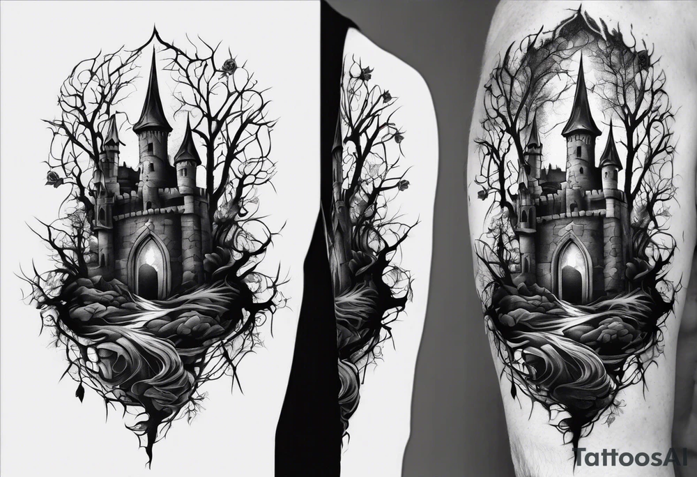 tattoo fool sleeve, dark gothic castle, tree roots break out of the chains, broken mask, roses tattoo idea