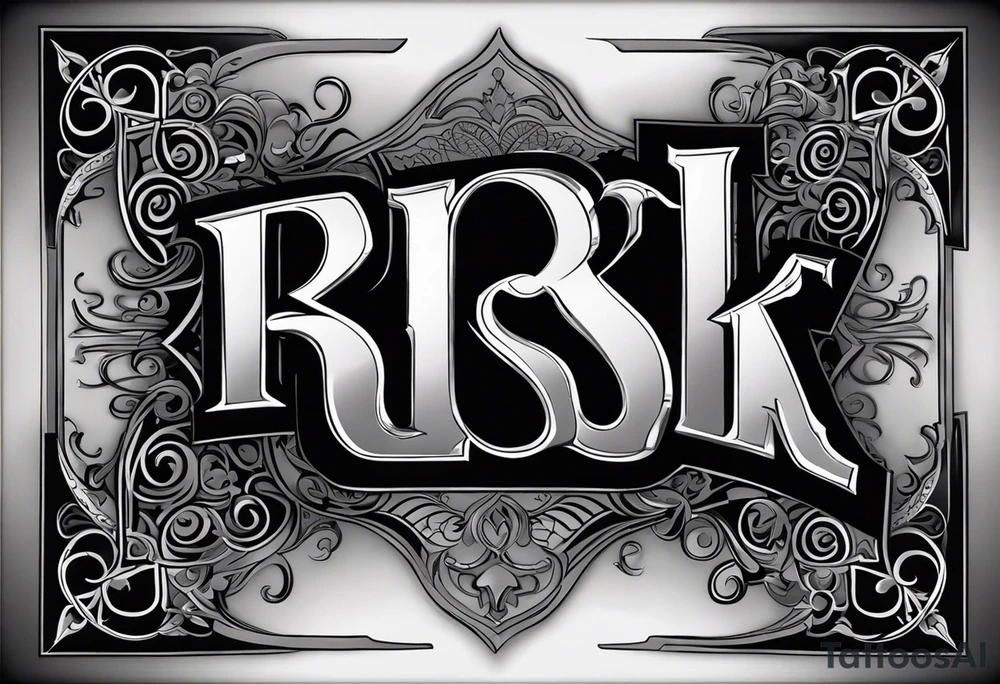 A forearm tattoo featuring the words “RICH” and “RISK” in bold, 3D block letters, shaded for a raised effect. Decorative swirls surround the words, adding elegance to the monochromatic black and gray design. The “RICH” and “RISK” tattoo represents the idea that achieving success often requires taking bold risks, symbolizing courage and ambition in the pursuit of wealth or personal growth. tattoo idea