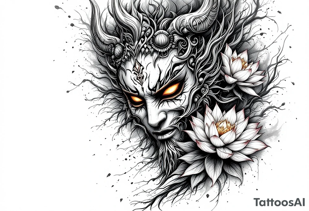 Burnt hannya mask with lotus flower on bakcdrop tattoo idea