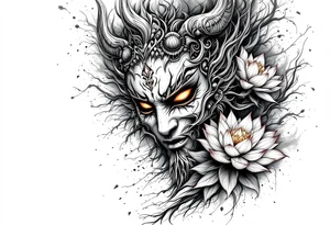 Burnt hannya mask with lotus flower on bakcdrop tattoo idea