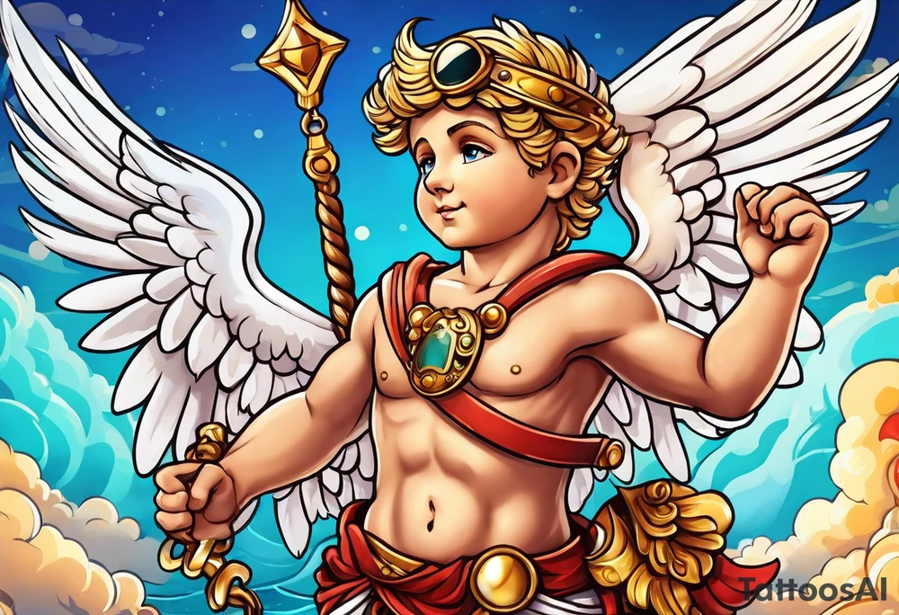 Cupido  fly boy with wings, background sea, ancient rome gods tattoo idea