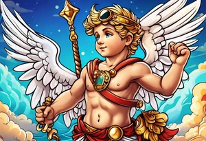 Cupido  fly boy with wings, background sea, ancient rome gods tattoo idea