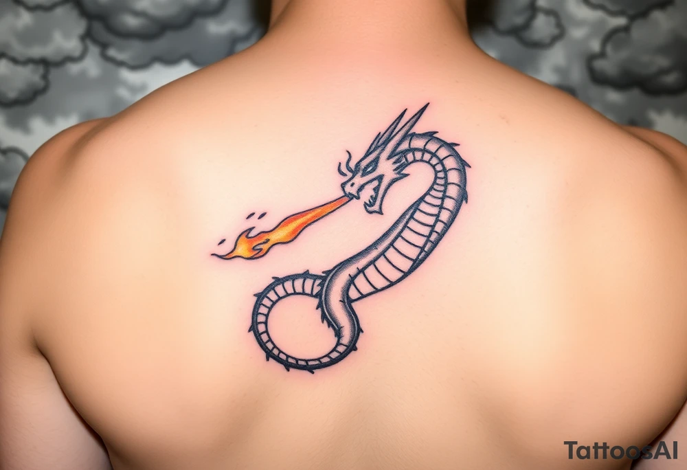 fierce dragon breathing iridescent fire against stormy skies tattoo idea