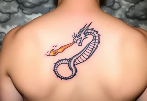 fierce dragon breathing iridescent fire against stormy skies tattoo idea