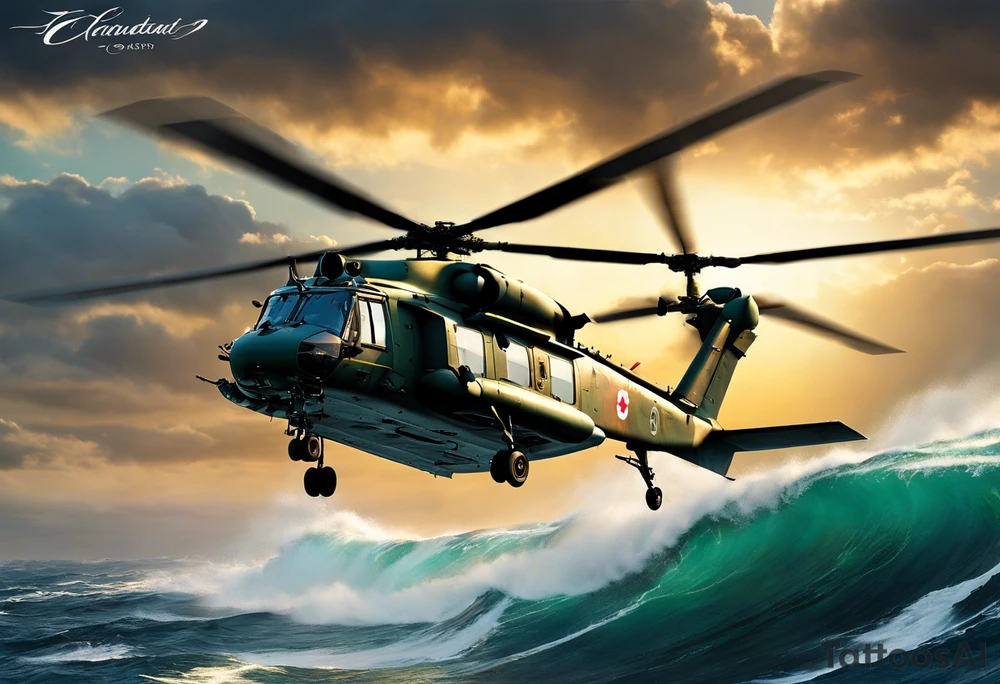 A cinematic-style tattoo depicting a Canadian military CH-148 Cyclone helicopter performing a daring maneuver over a turbulent ocean. The sky should be filled with dramatic clouds, and the sun should be setting, casting long shadows. The helicopter should be the main focus, with intricate details and a sense of motion. In the background, a poppy should be prominently displayed, and a quote from 'Lest We Forget' should be included, black and white tattoo tattoo idea