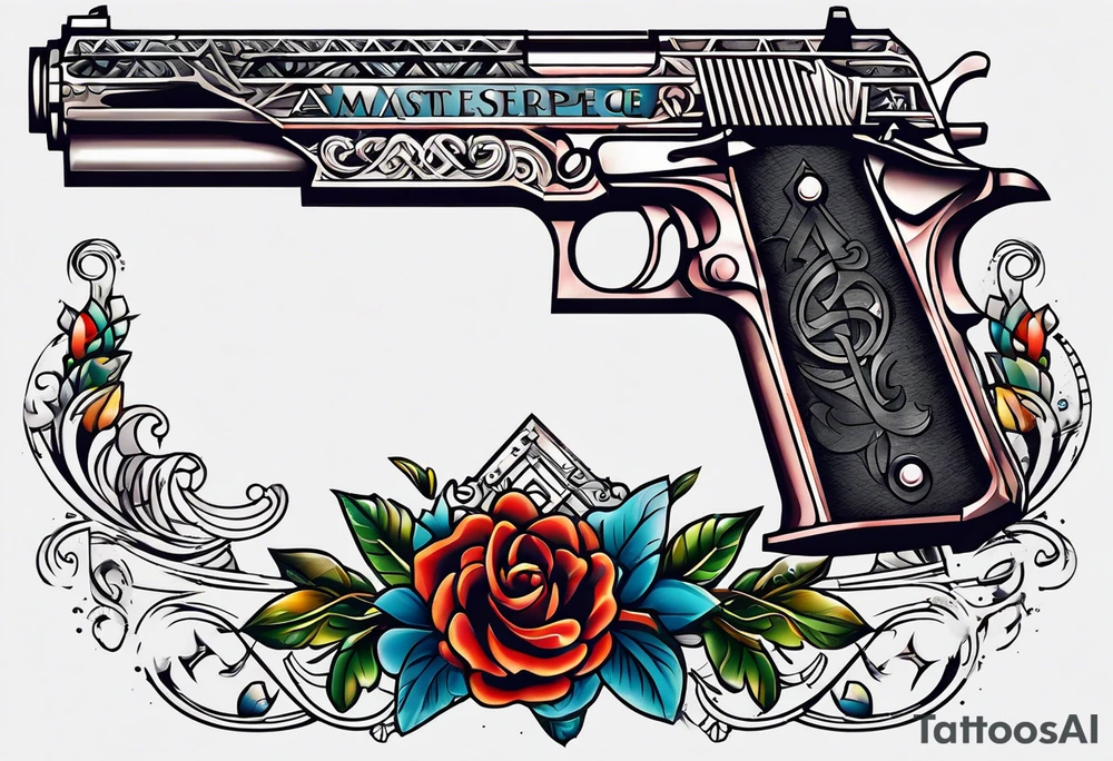 The letters AR with a pistol on each side and the word always on the top and ready on the bottom tattoo idea
