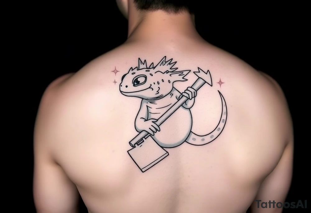 line work axolotl holding an axe tattoo idea