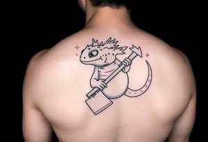 line work axolotl holding an axe tattoo idea