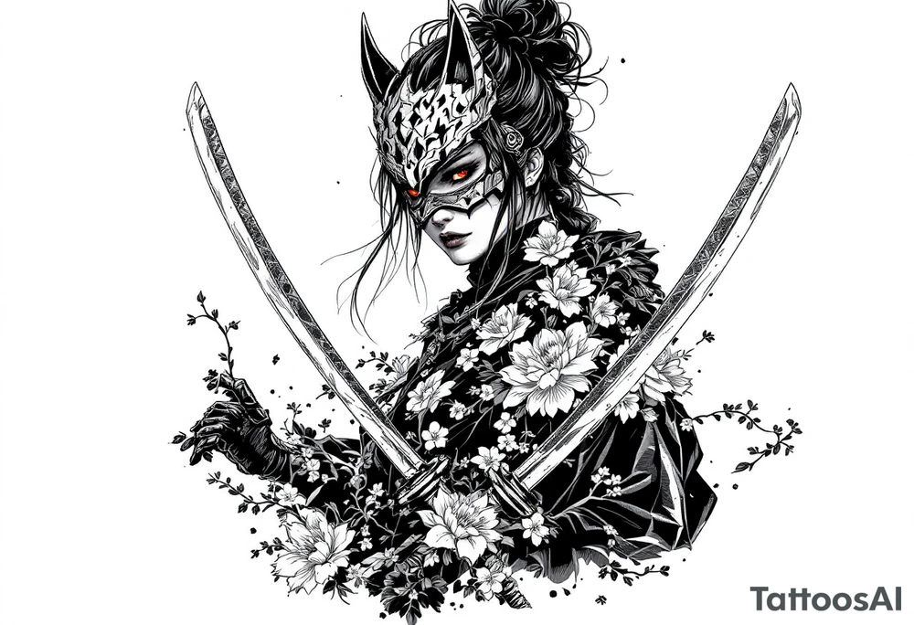 Woman samurai with red eyes wearing an half and broken kitsune mask, holding 
two katanas and Sakura flowers ornement tattoo idea