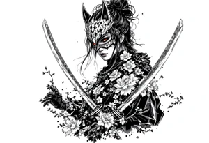 Woman samurai with red eyes wearing an half and broken kitsune mask, holding 
two katanas and Sakura flowers ornement tattoo idea