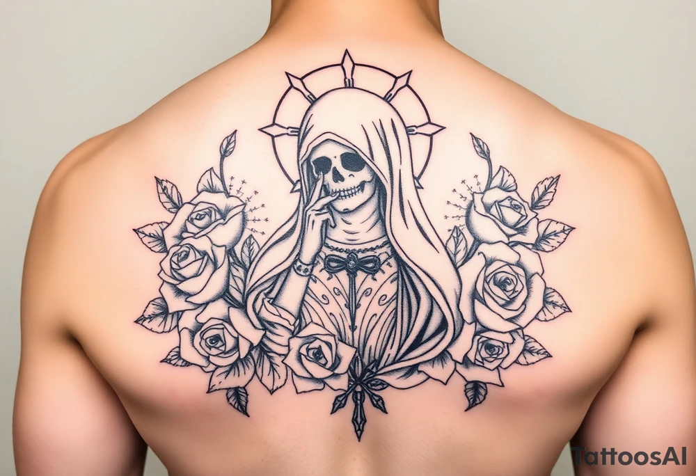 Santa muerte surrounded by roses tattoo idea
