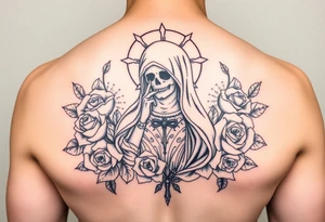 Santa muerte surrounded by roses tattoo idea