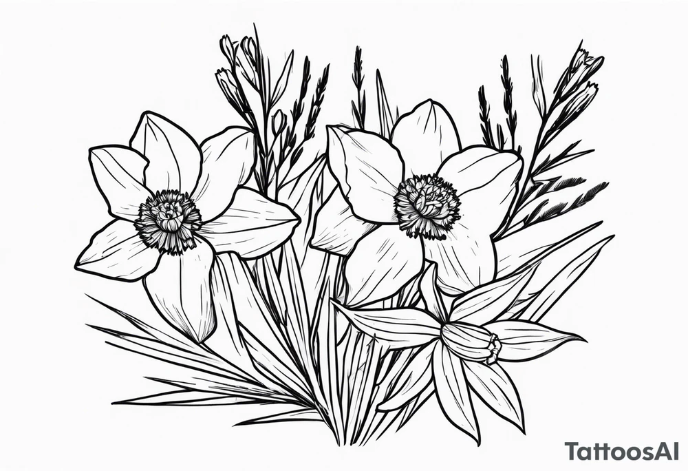 daffodil and aster flowers in a bouquet with pine branch and willow branch. minimalist, simple bouquet. small. tattoo idea