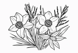 daffodil and aster flowers in a bouquet with pine branch and willow branch. minimalist, simple bouquet. small. tattoo idea