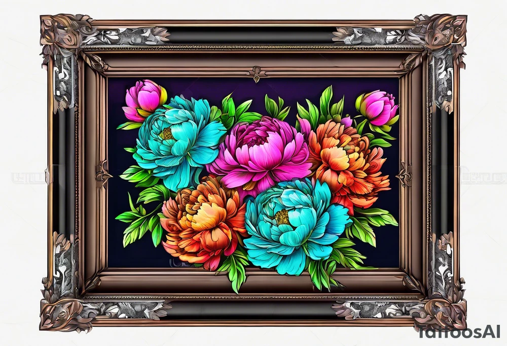 neon colorful peonies,neon colored, surrounding on the outside of a empty beautiful intricate victorian style picture frame with filigree tattoo idea