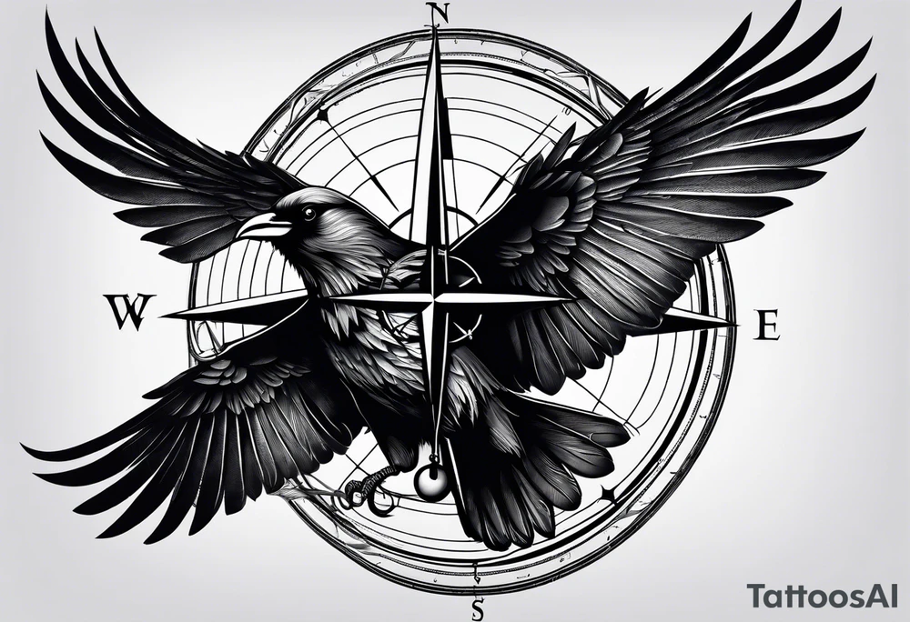 flying crow with compass and two wings tattoo idea