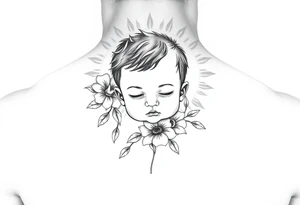 Baby boy flower ornemental with sunshine background chest tattoo idea