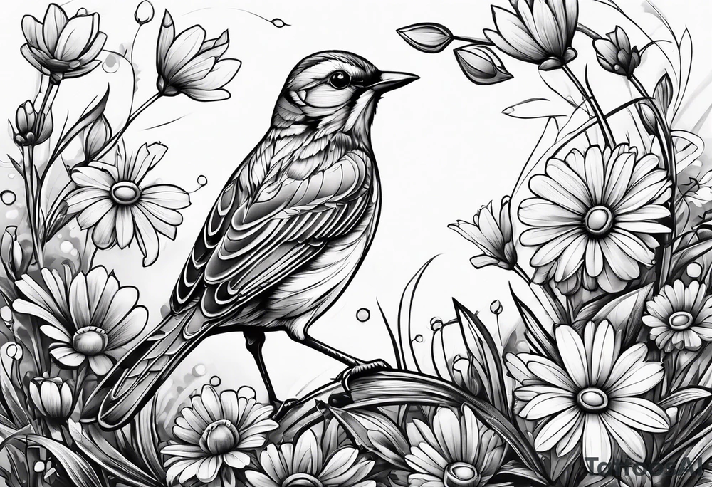 Little bird out perched on grass and daisys tattoo idea