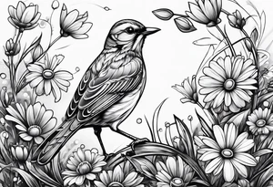 Little bird out perched on grass and daisys tattoo idea