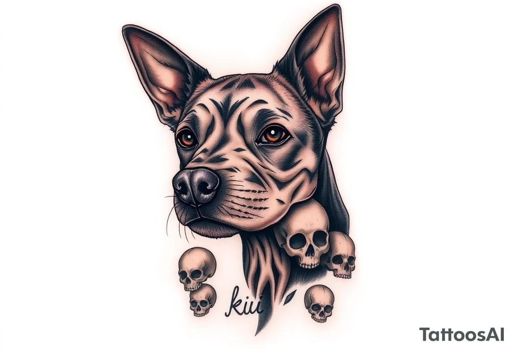 Half dead half alive zombie Brindle dog with the name kiwi . And some tiny skulls tattoo idea