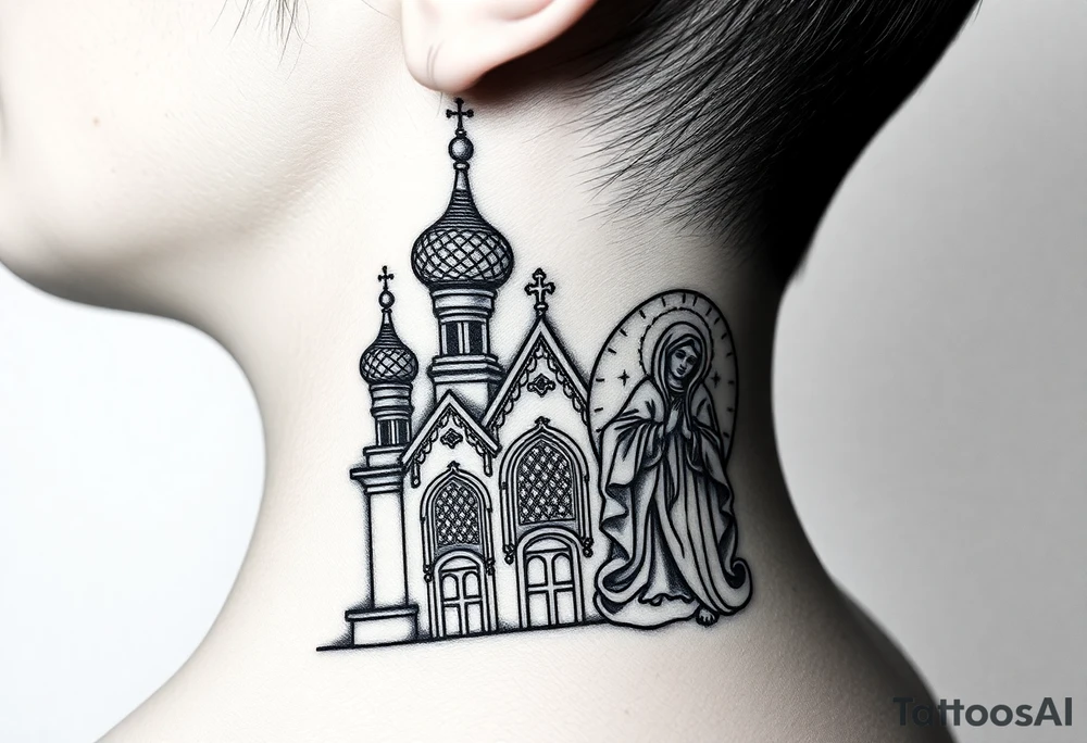 medium traditional russian orthodox church with russian coat arms and virgin mary on the side of the neck tattoo idea