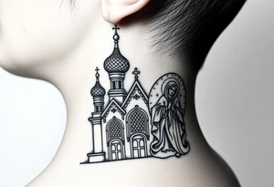medium traditional russian orthodox church with russian coat arms and virgin mary on the side of the neck tattoo idea