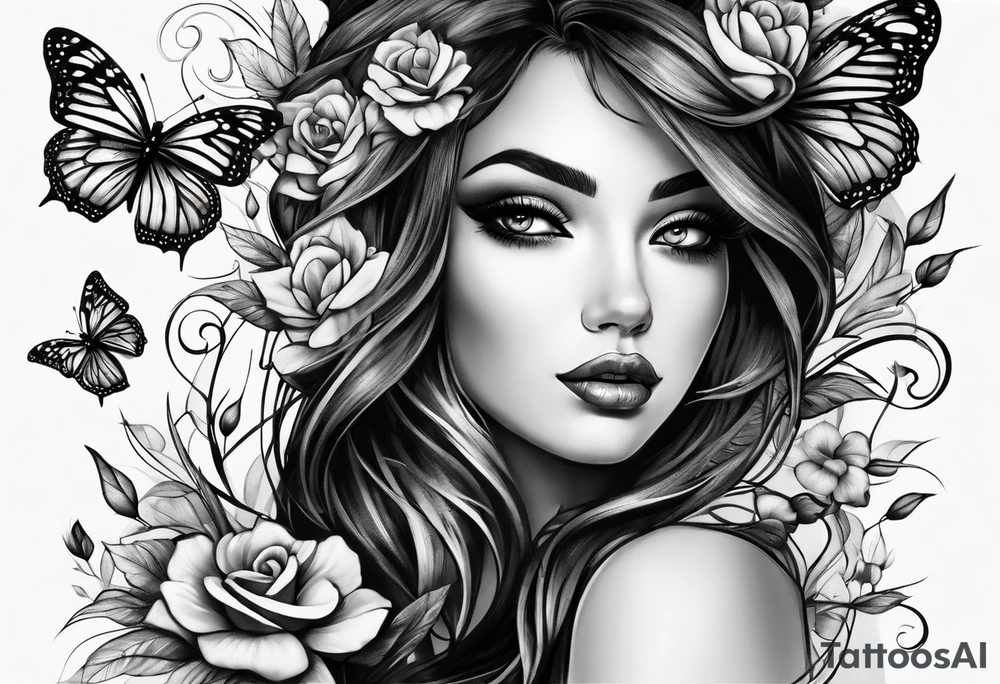 Dark feminine eyes and butterflies tattoo idea