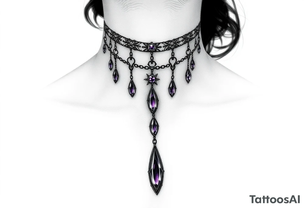 Gothic jewelry draping fine line with amethyst jewels around the front of the neck extending down the chest onto the left shoulder on a woman tattoo idea