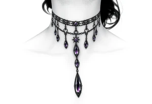 Gothic jewelry draping fine line with amethyst jewels around the front of the neck extending down the chest onto the left shoulder on a woman tattoo idea