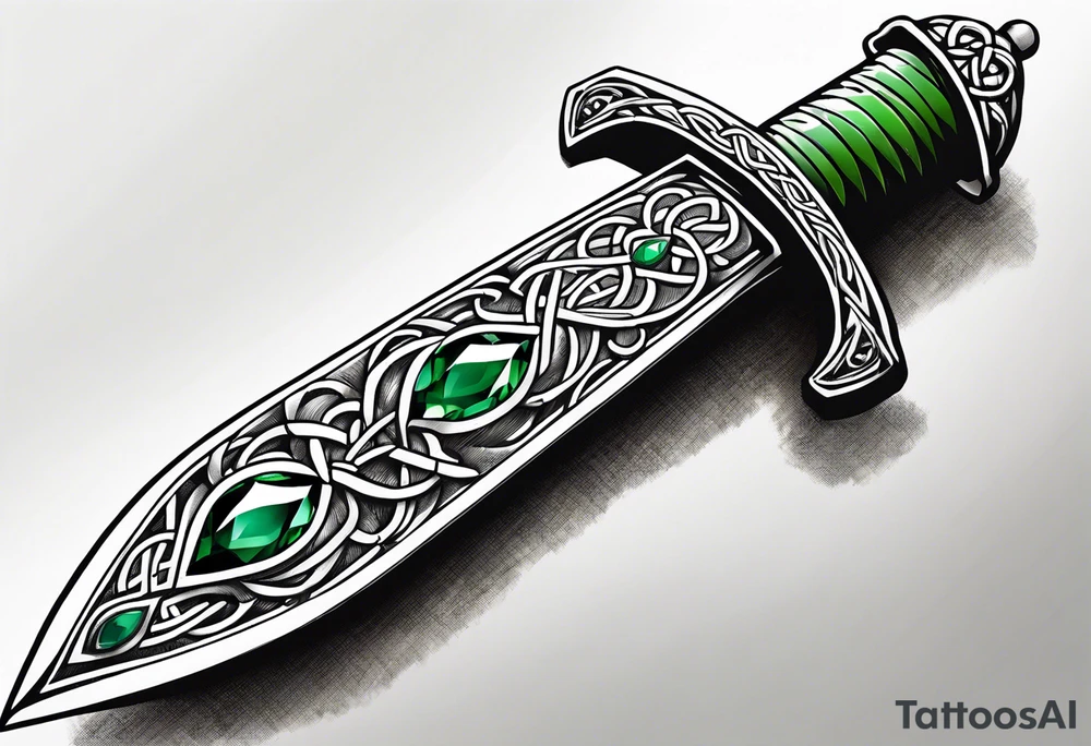 A Celtic dagger with an oak hilt turned upright and emerald gemstones on it tattoo idea